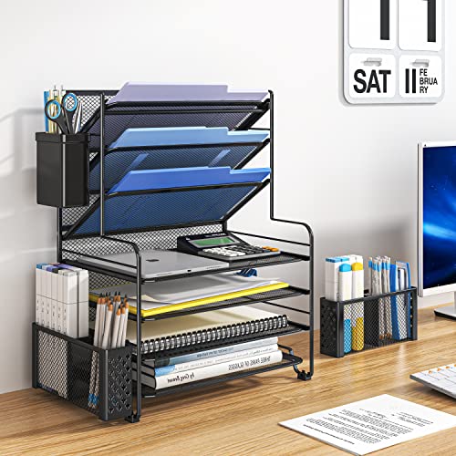 Simple Trending 7-Tier Black Desk Organizer with Pen Holder