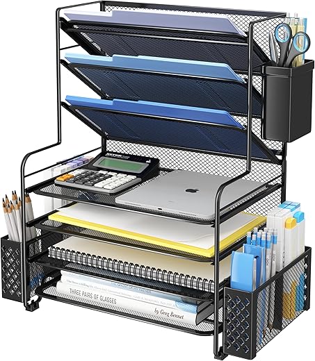 Simple Trending 7-Tier Black Desk Organizer with Pen Holder